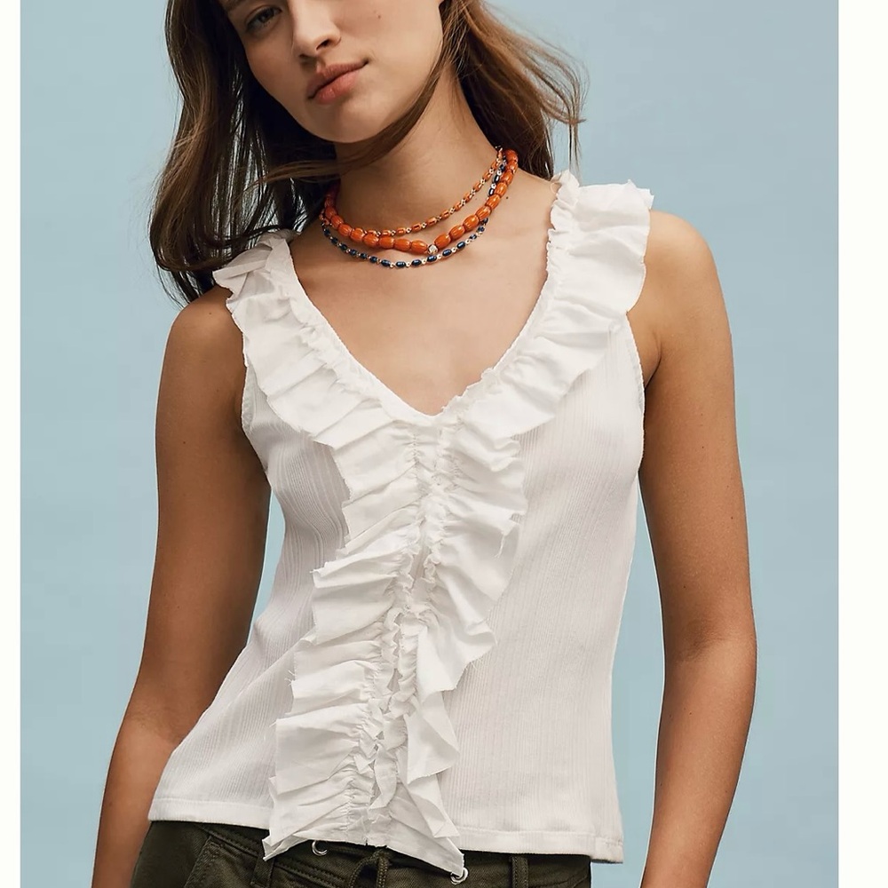 Pilcro by Anthropologie White Ruffle V-Neck Tank Top coquette romantic XS pretty